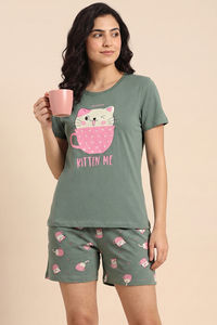 Zivame Farm Lore Knit Cotton Short Set - Iceberg Green — thumbnail 1